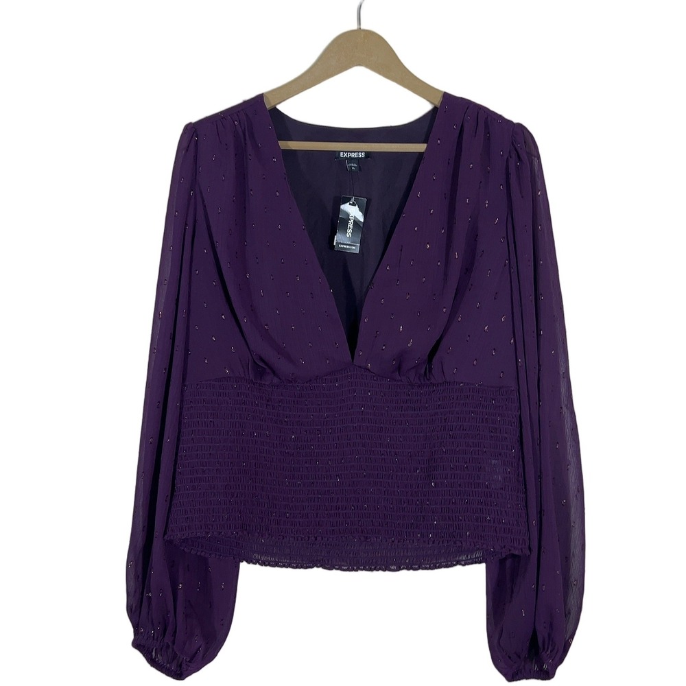 NWT Express Smocked Metallic Clip Dot Blouse Purple Whimsigoth V-Neck Size XL
